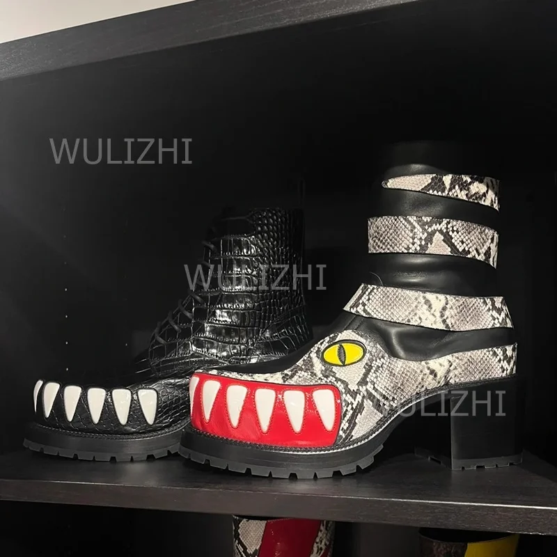 Street Fashion Graffiti - Herenlaarzen met luipaardgraffiti-tandmotief, zwart leer, lakleer,