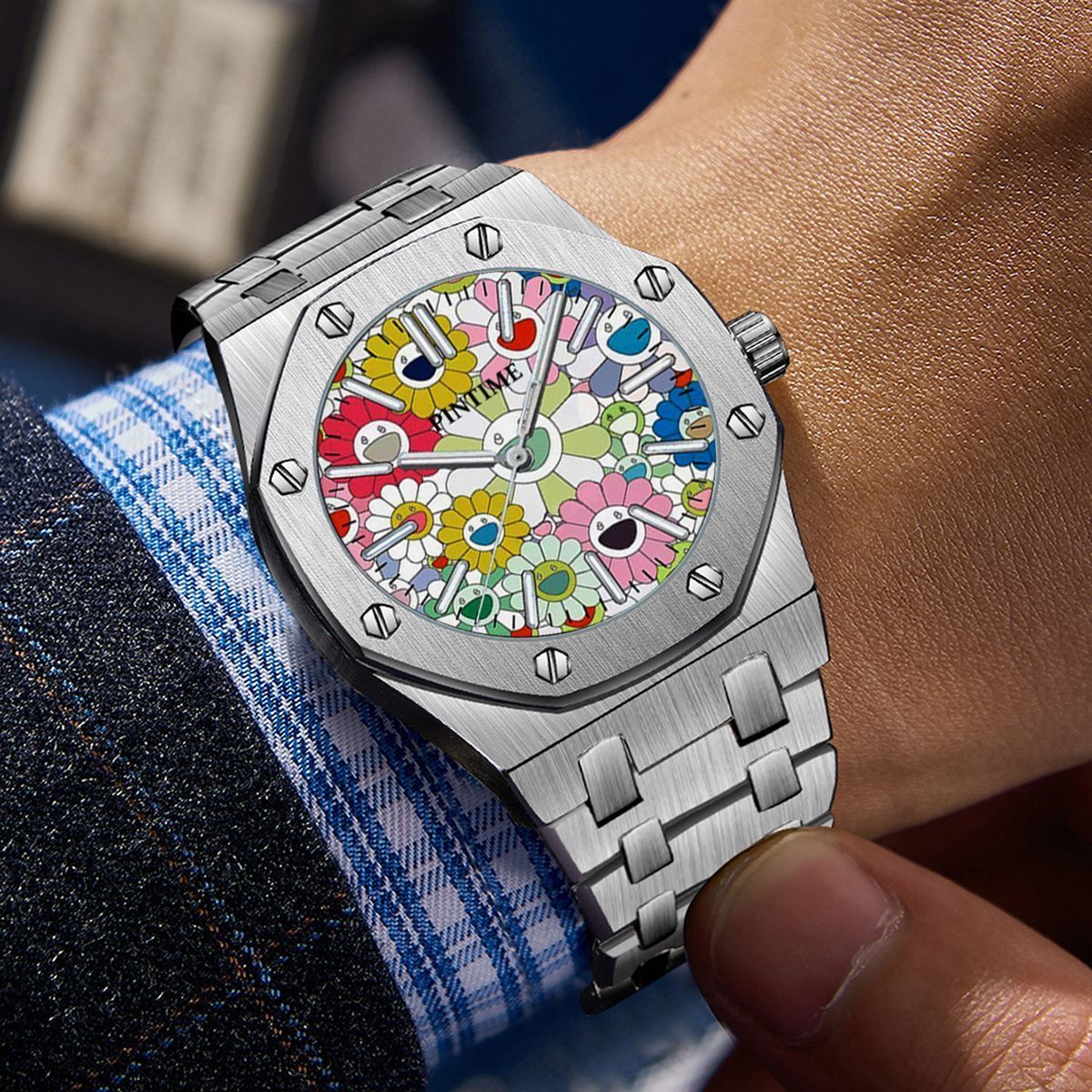 Street Fashion Graffiti - Trendy Sunflower Graffiti heren quartzhorloge, achthoekig