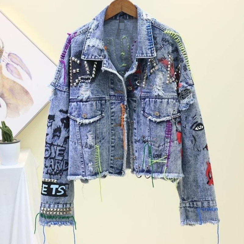 Street Fashion Graffiti - Trendy Graffiti Casual Denim Korte Jas